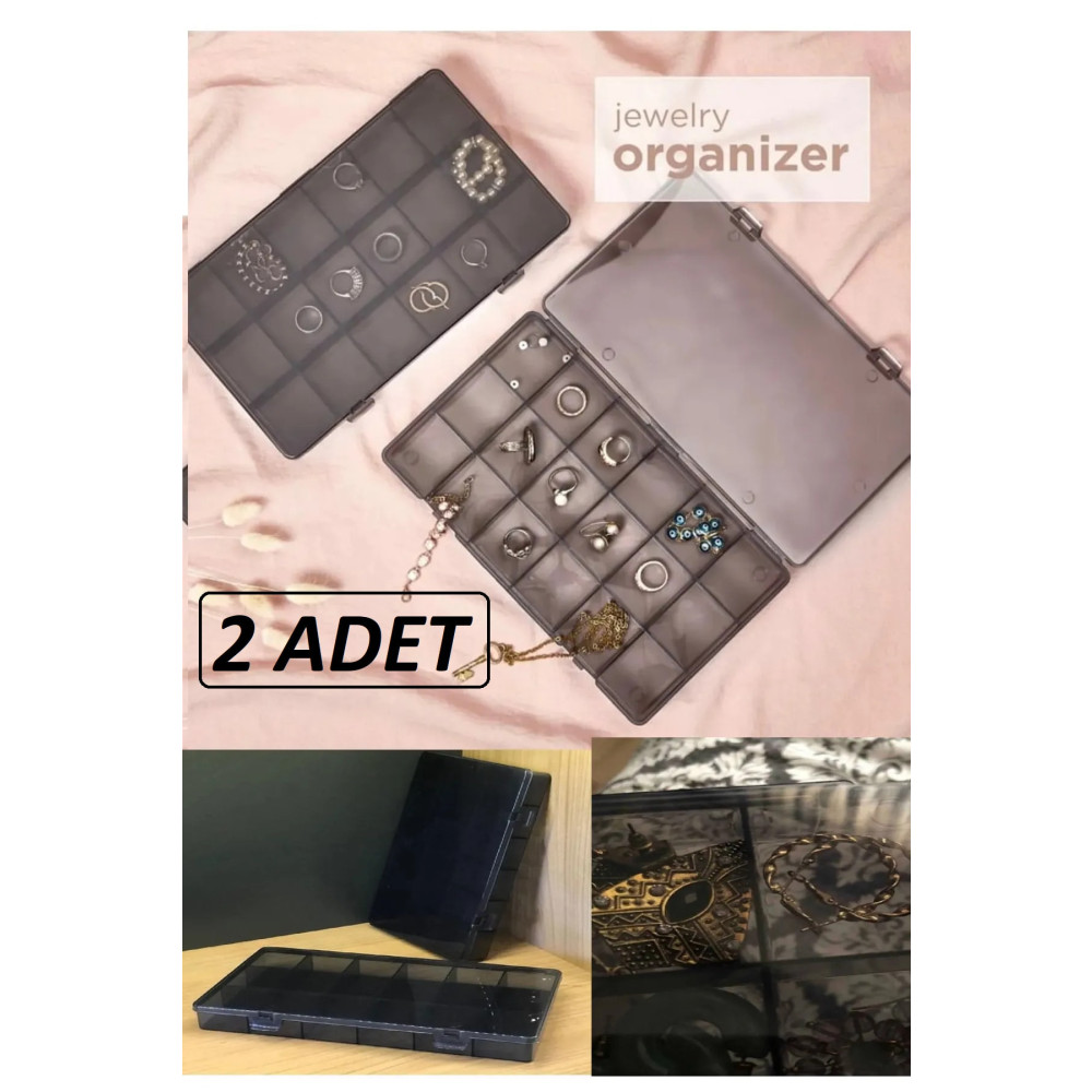 Bayev Füme 2 Adet 18 Bölmeli Kolye Yüzük Kapaklı Takı Kutusu Dikiş Kutusu Organizer Düzenleyici Kutu Eşya Saklama / Düzenleme Fiyatı
