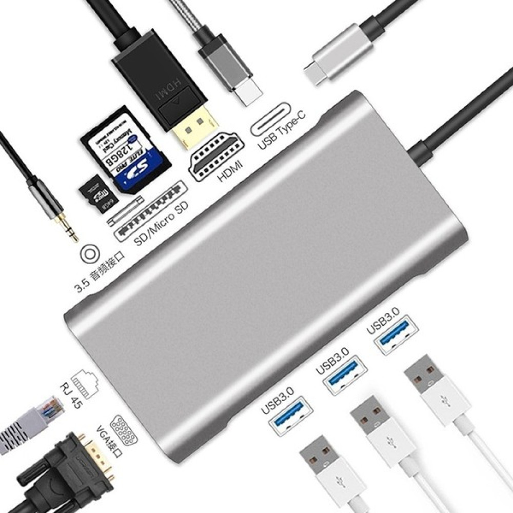 Bayındır Elektronik 10 In 1 Type-C To VGA HDMI USB C Ethernet Aux Kart Okuyucu Macbook Uyumlu USB Hub Adaptör - Gri Bilgisayar Çevirici ve Adaptörü Fiyatı