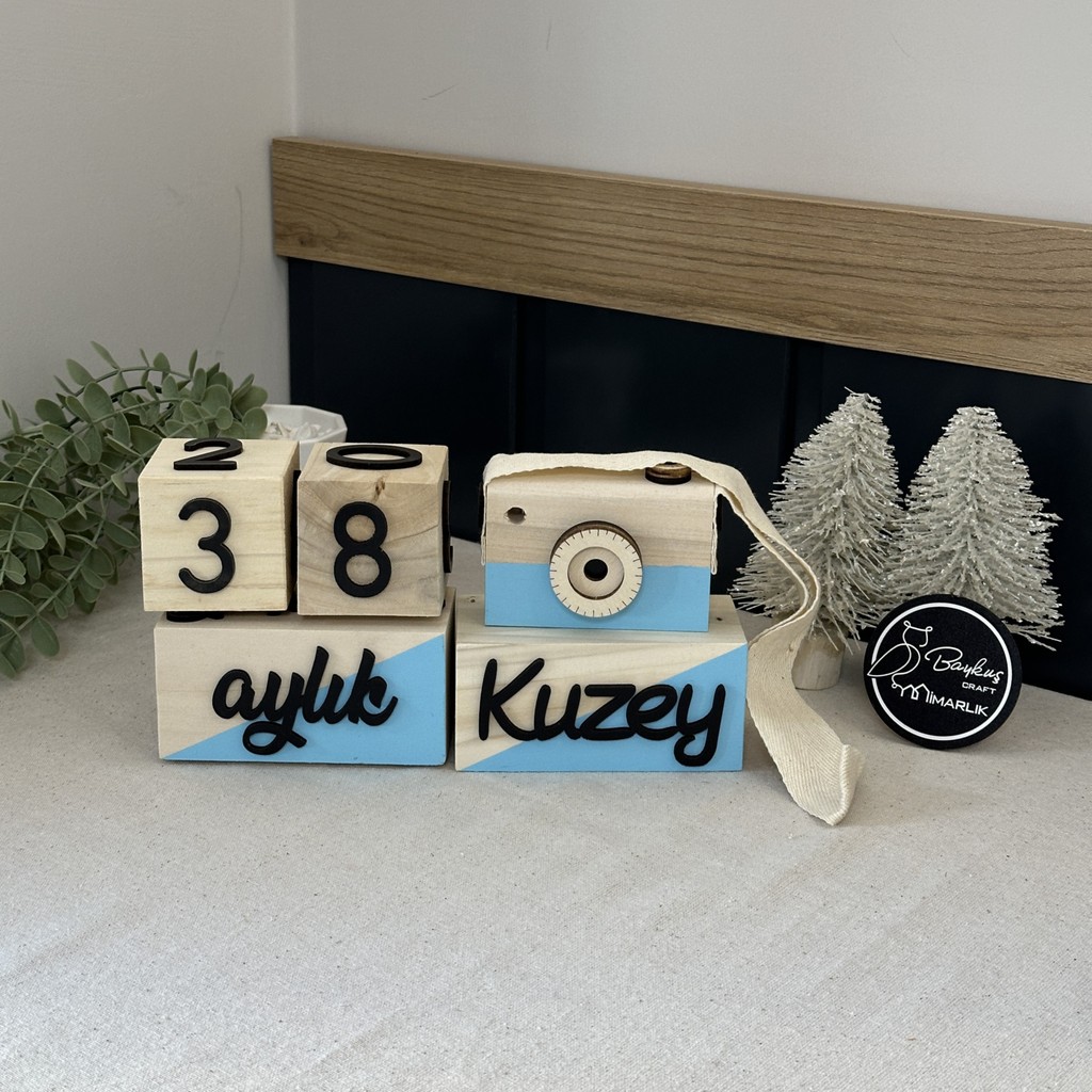 Baykuş Craft Mimarlık İsimli Renkli 3 Boyutlu Bebek Ahşap Hatıra Küpü Anı Küpü + Ahşap Fotoğraf Makinesi Seti / Türkçe / Mavi - Bebek Mavisi Dijital Fotoğraf Makineleri Fiyatı