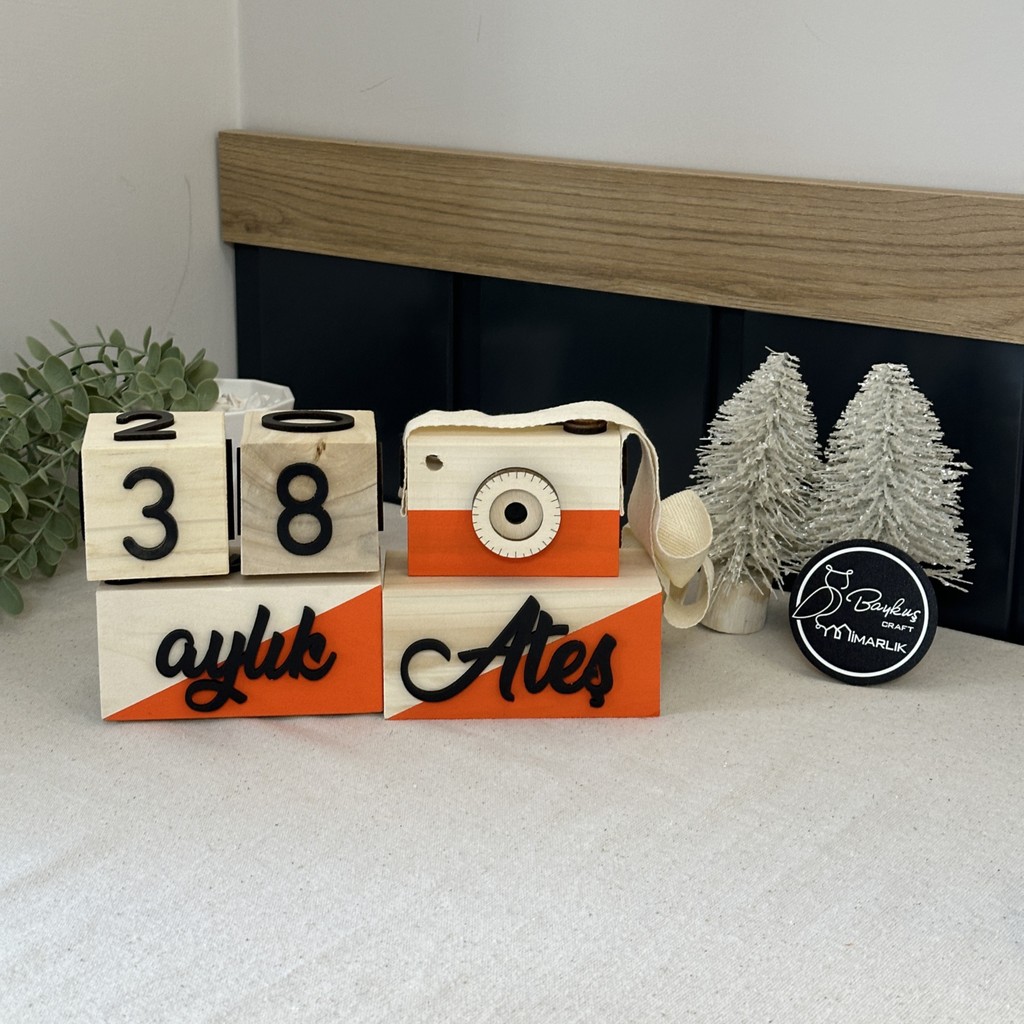 Baykuş Craft Mimarlık İsimli Renkli 3 Boyutlu Bebek Ahşap Hatıra Küpü Anı Küpü + Ahşap Fotoğraf Makinesi Seti / Türkçe / Turuncu Evcil Hayvan Ürünleri Fiyatı