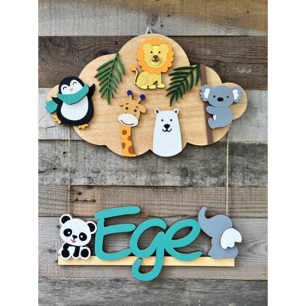 Baykuş Craft Mimarlık Özel Tasarım Bulut Safari Hayvanlı Bebek İpli Ahşap Kapı Süsü - Ahşap Rengi Bebek Kapı Süsü Fiyatı