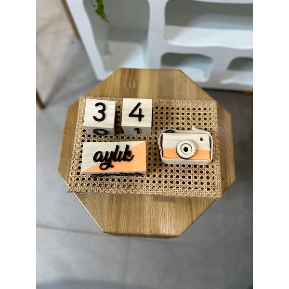 Baykuş Craft Mimarlık Renkli 3 Boyutlu Bebek Ahşap Hatıra Küpü Anı Küpü + Ahşap Fotoğraf Makinesi Seti / Türkçe - Turuncu Anne, Bebek Fiyatı