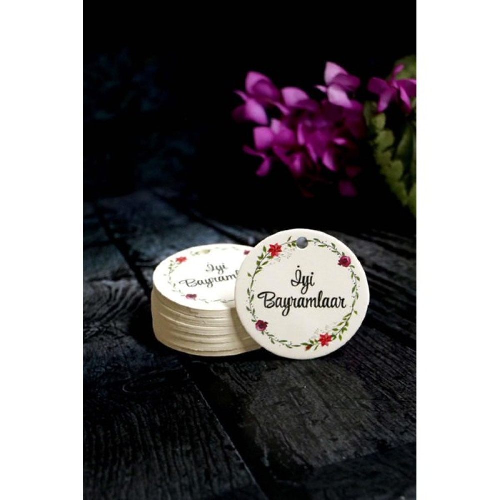 Bayram Etiketi - Iyi Bayramlar Baskılı - 50 Adet Çiçek Yaprak Baskılı Bayram Etiketi ( 5 Cm) - -- Sarf Tüketim Malzemeleri Fiyatı