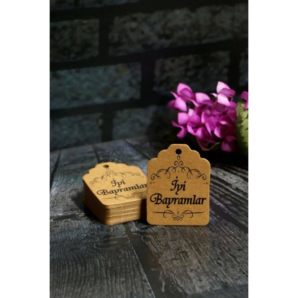 Bayram Etiketi - Iyi Bayramlar Baskılı -50 Adet Desen Baskılı Kraft Bayram Etiketi (4.5 x 6cm) - -- Sarf Tüketim Malzemeleri Fiyatı