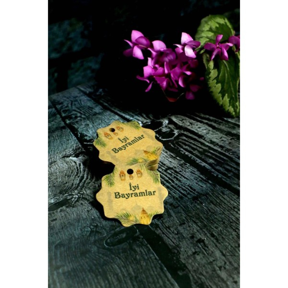 Bayram Etiketi - Iyi Bayramlar Baskılı - 50 Adet Kraft Bayram Etiketi (5 Cm) - -- Sarf Tüketim Malzemeleri Fiyatı