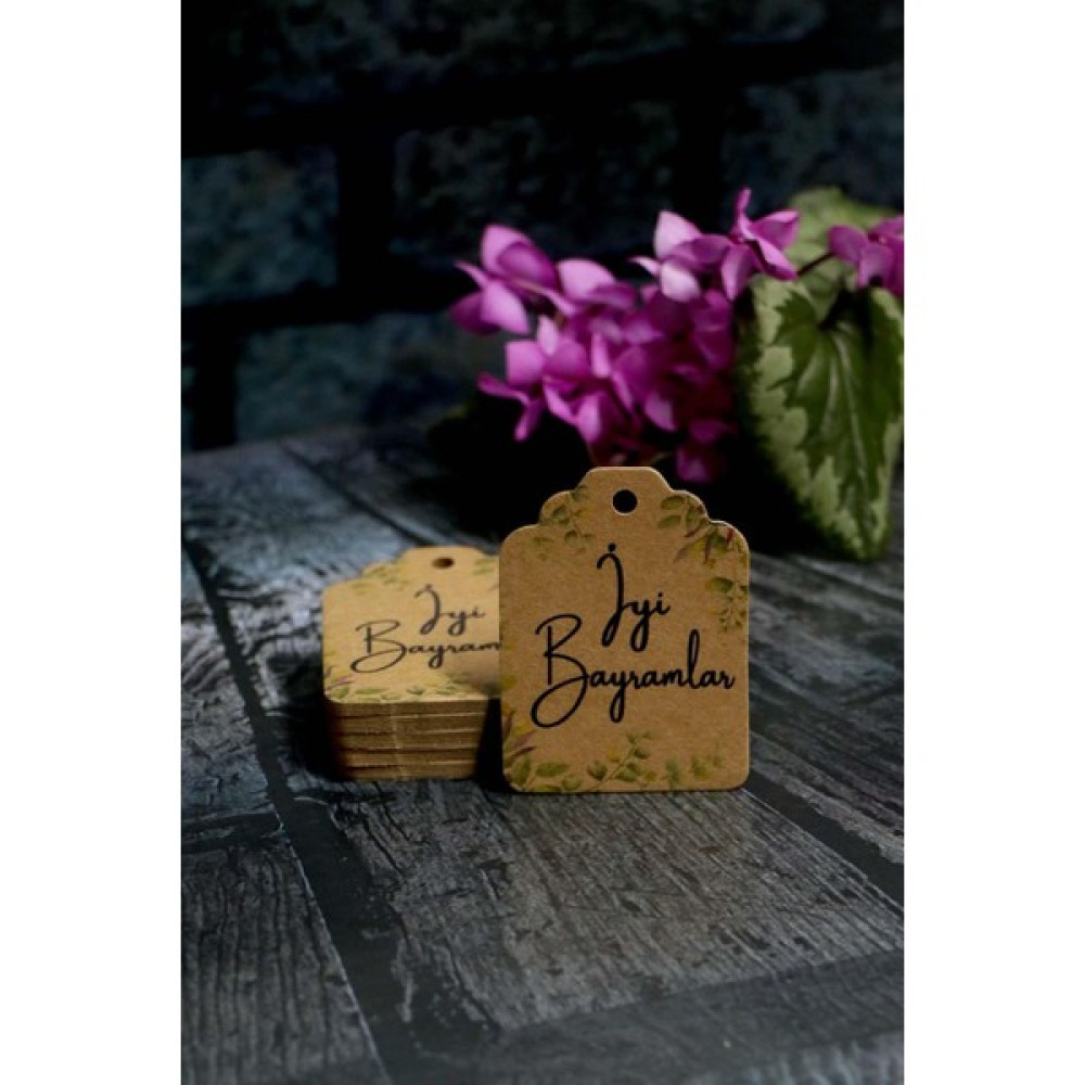 Bayram Etiketi - Iyi Bayramlar Baskılı - 50 Adet Yaprak Baskılı Kraft Bayram Etiketi (4.5 x 6 Cm) - -- Sarf Tüketim Malzemeleri Fiyatı