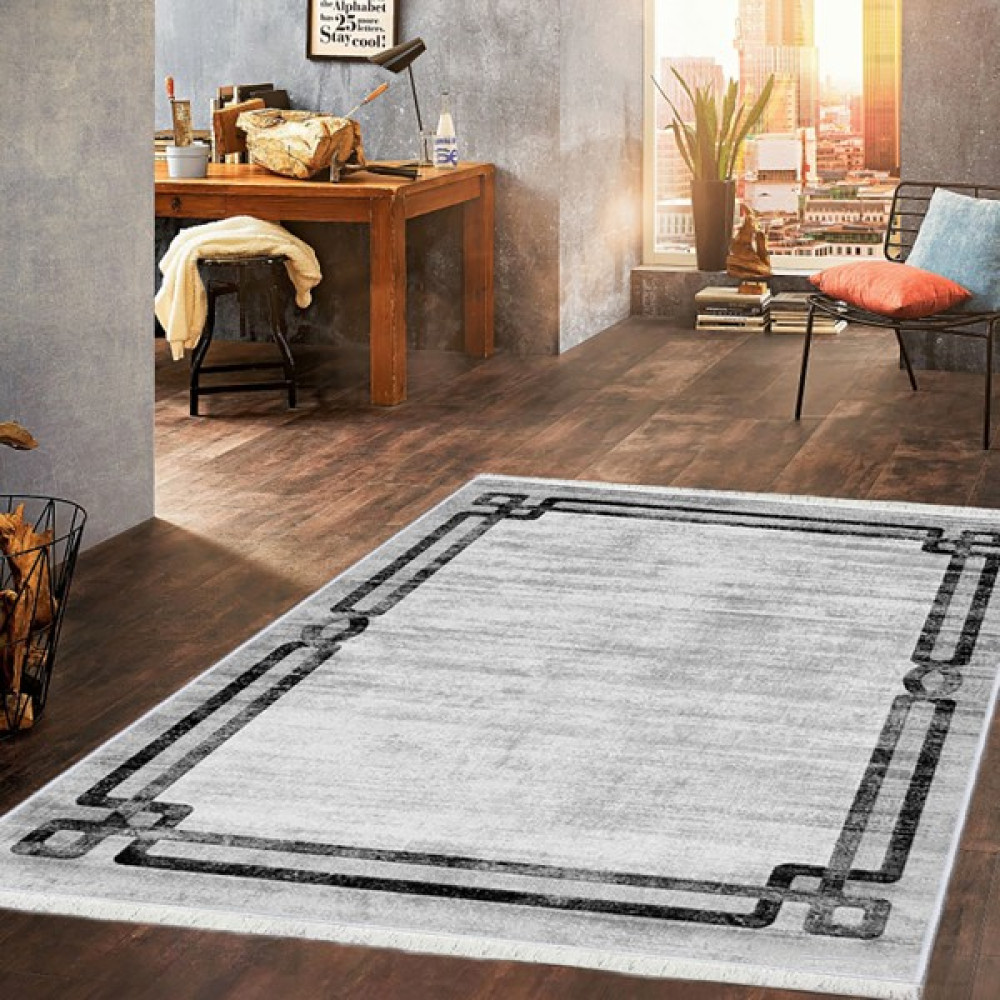 Bazaa Forum Saçaklı Klasik Desen Kaymaz Taban Dijital Baskı Halı FM-2010 160 x 230 cm - 160 x 230 cm - Gri Salon Halısı Fiyatı