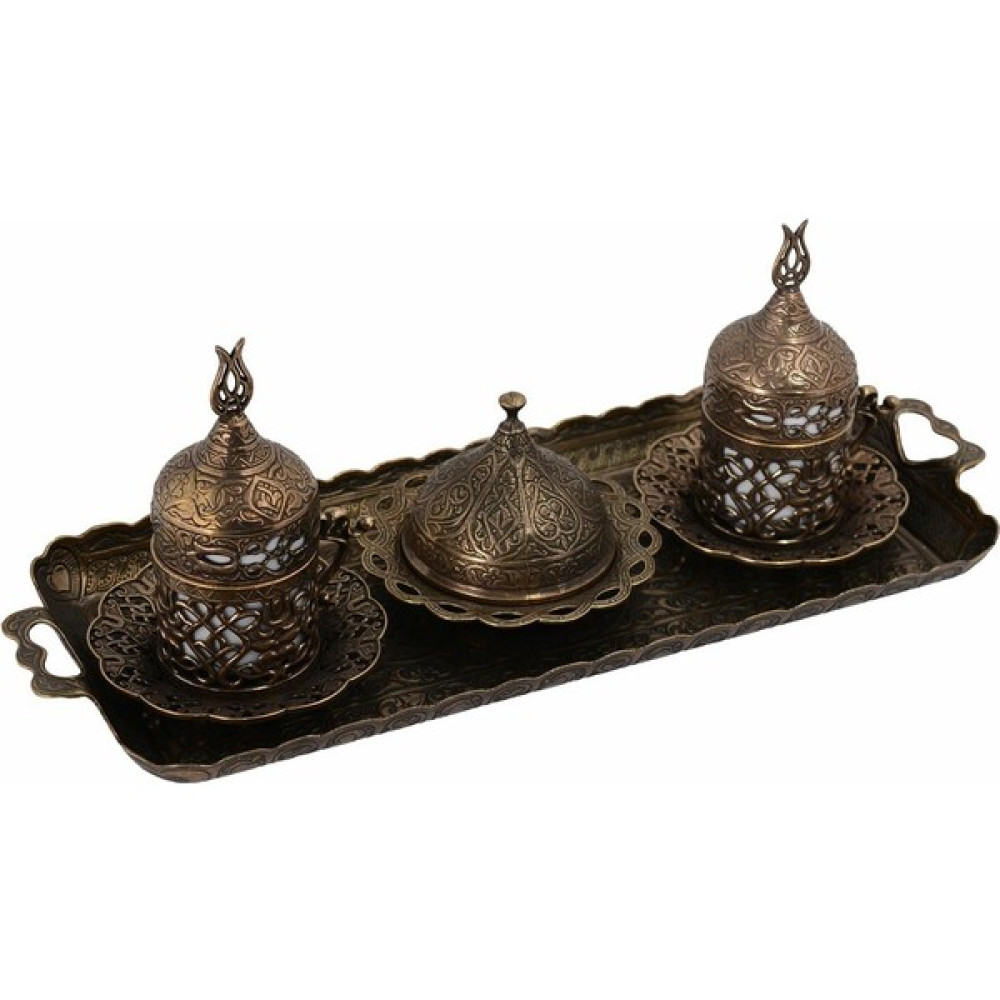 Bazaar 4 Osmanlı Lale Motifli Türk Kahvesi Seti 2 Kişilik - Antik Sarı Fincan / Bardak / Kahve Takımı Fiyatı