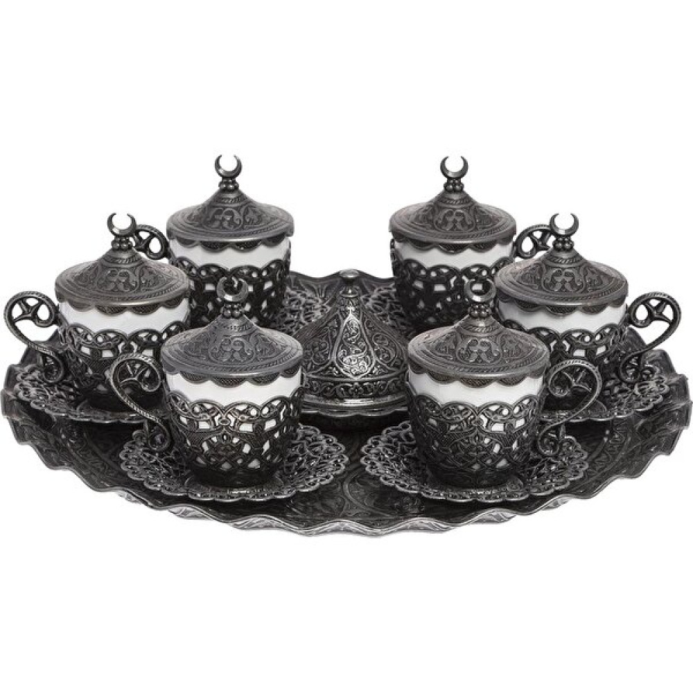 Bazaar 4 Osmanlı Motifli Nescafe Fincan Seti 6 Kişilik Kalaylı - Beyaz - Gri Fincan / Bardak / Kahve Takımı Fiyatı
