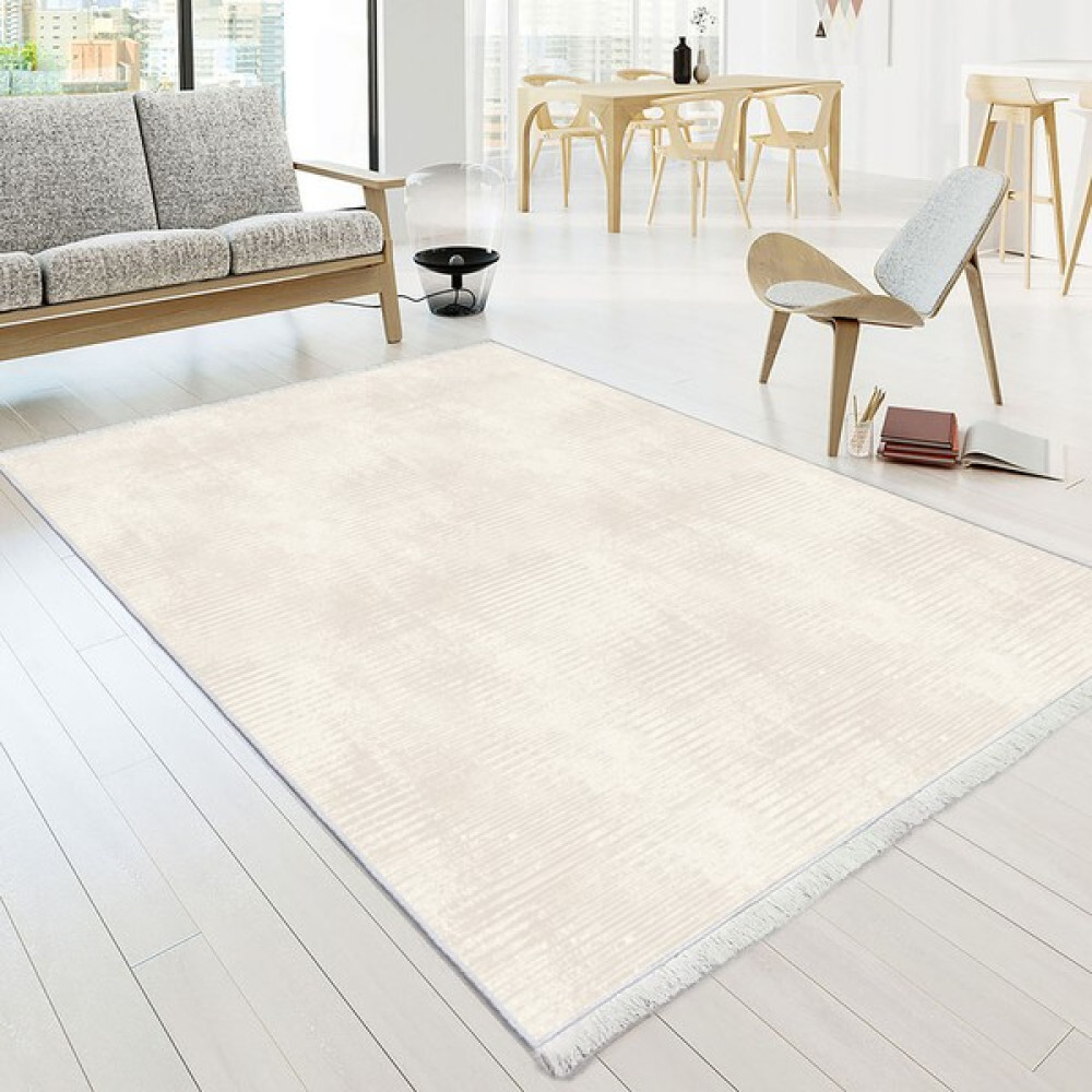 Bazaar Forum Dekoratif Saçaklı Klasik Desen Deri Kaymaz Taban Dijital Baskı Halı FM-2073 80 x 140 cm - Bej Salon Halısı Fiyatı