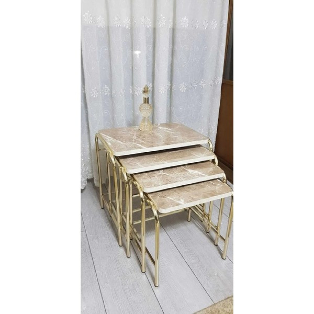 B&B HOME STYLE 4'lü Zigon Sehpa Sarı Nikelaj Kaplama Metal Ayaklı Mermer Desen - Kahverengi Zigon Sehpa Fiyatı