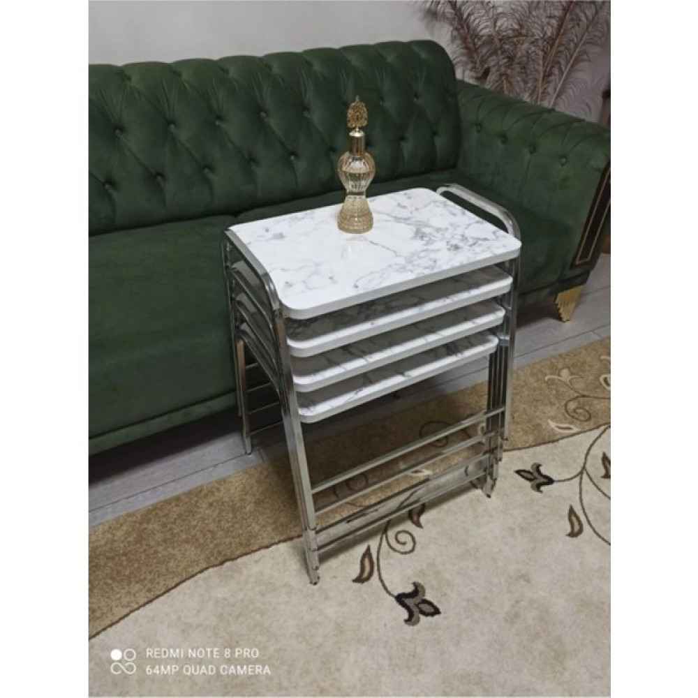 B&B HOME STYLE 4'lü Zigon Sehpa Tepsi Zigon Model Nikelaj Kaplama Metal Ayaklı Beyaz Mermer Desen Zigon Sehpa Fiyatı