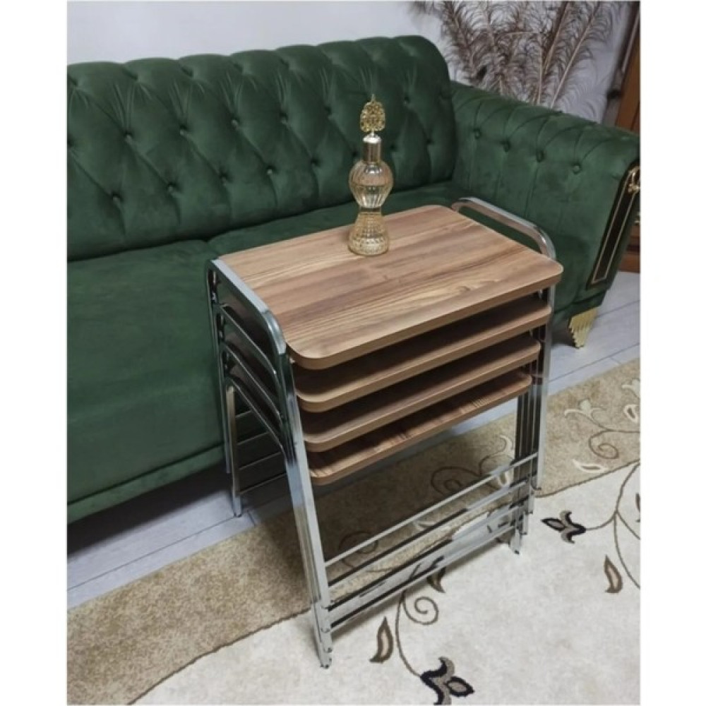 B&B HOME STYLE 4'Lü Zigon Sehpa Tepsi Zigon Model Nikelaj Kaplama Metal Ayaklı Mermer Desen - Ceviz Zigon Sehpa Fiyatı