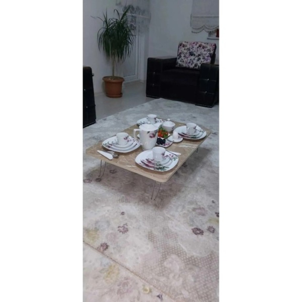 B&B HOME STYLE 70 x 120 cm Katlanabilir Ayaklı Ahşap Dikdörtgen Yer Sofrası, Kahverengi Mermer Desenli - 70X120 Yemek & Mutfak Masası Fiyatı