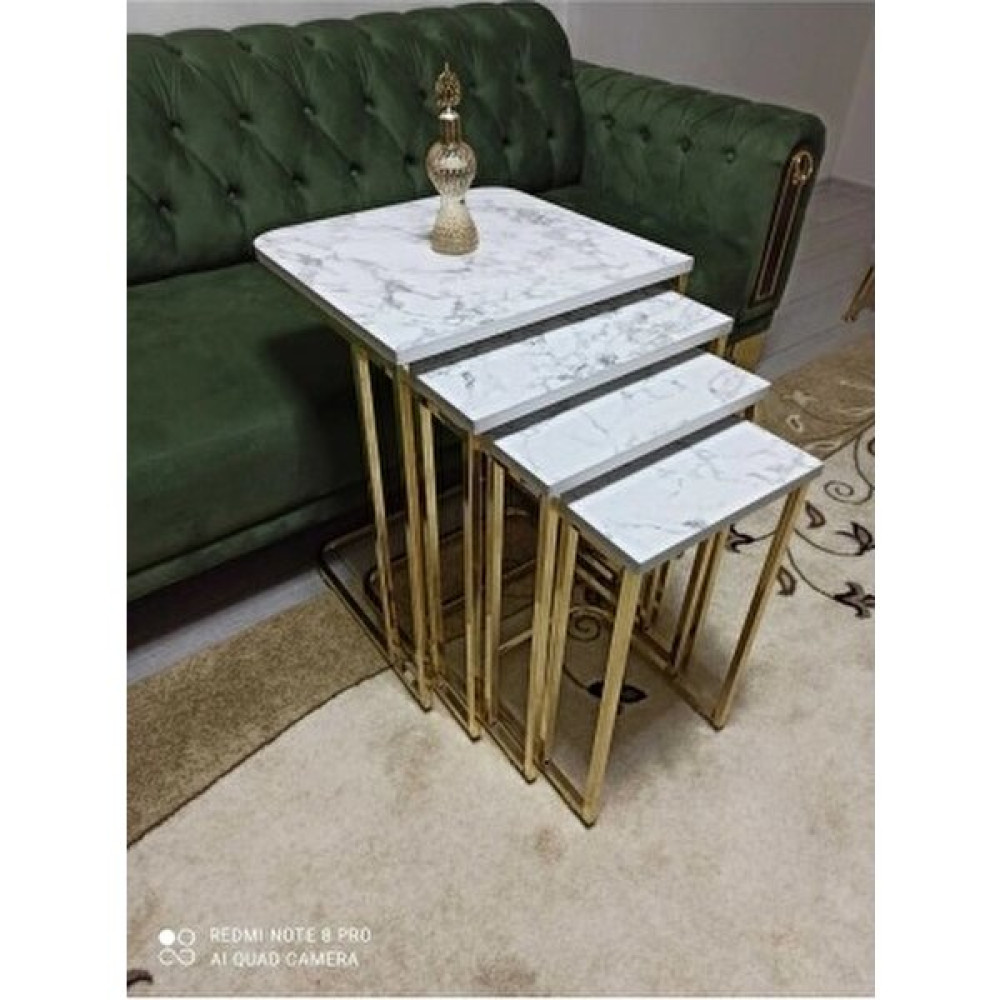 B&B HOME STYLE C Zigon Sehpa Gold Nikelaj Kaplama Beyaz Gri Mermer Desen 4'lü Zigon Sehpa Fiyatı