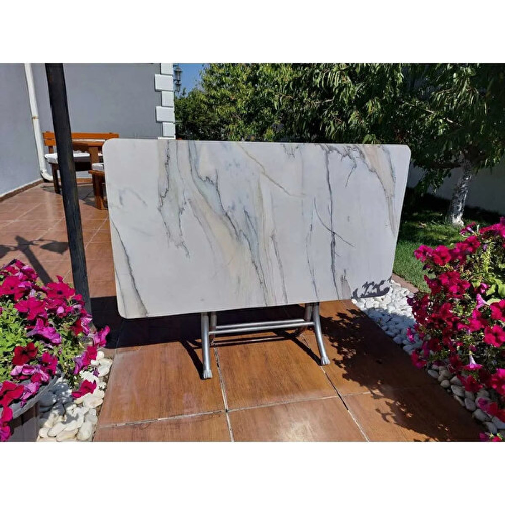 B&B HOME STYLE Dekoratif Katlanır Masa Bahçe ve Çalışma Masası 70*120 Beyaz Kahve Mermer Desenli Masa - 70X120 Bahçe Masası Fiyatı