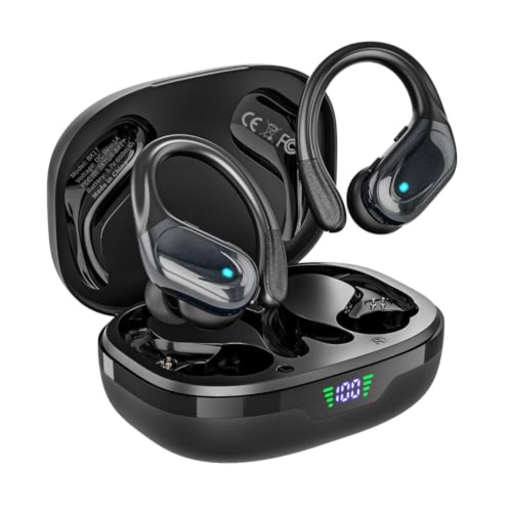 Bcaikair Wireless Earbuds, Sports Bluetooth Headphones, Ear Buds with 80hr Playtime, Noise Canceling, LED Power Display, IPX7 Waterproof Earphones for Workout/Running Black