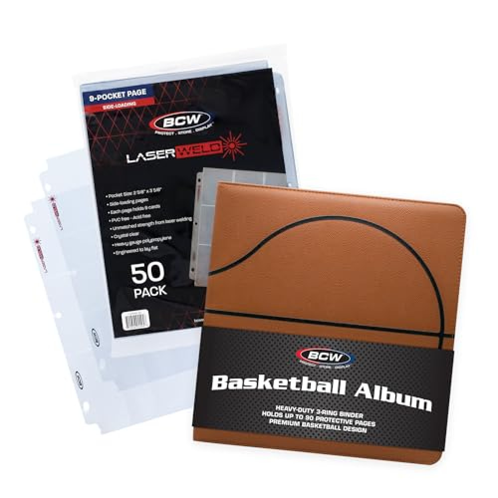 BCW LaserWeld 9 Pocket Pages (50 Pack) & BCW 3-Inch Sports Collectors Album - Basketball | Ultra Flat, Clear Pocket Pages with 3" Binder for Trading Cards | Ideal for Basketball Card Collectors