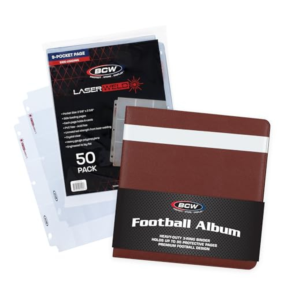 BCW LaserWeld 9 Pocket Pages (50 Pack) & BCW 3-Inch Sports Collectors Album - Football | Ultra Flat, Clear Pocket Pages with Durable 3" Binder | Ideal for Football Card Collectors