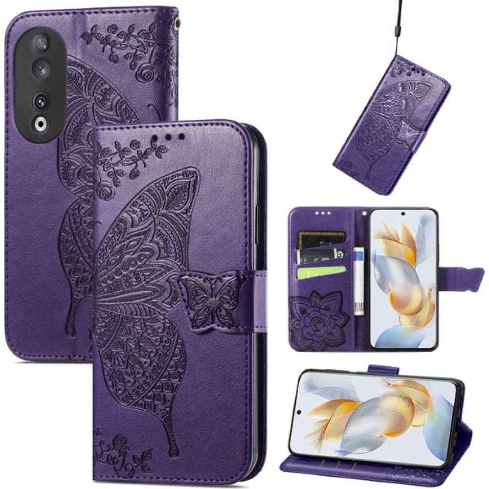 BDT Boutique Honor 90 5g Kelebek Kanatları Narin Çiçekler Flip Darbeye Dayanıklı Deri Telefon Kılıfı ile Uyumlu (Yurt Dışından) - Koyu Mor Cep Telefonu Kılıfı Fiyatı