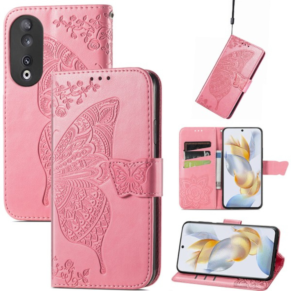 BDT Boutique Honor 90 5g Kelebek Kanatları Narin Çiçekler Flip Darbeye Dayanıklı Deri Telefon Kılıfı ile Uyumlu (Yurt Dışından) - Koyu Pembe Cep Telefonu Kılıfı Fiyatı