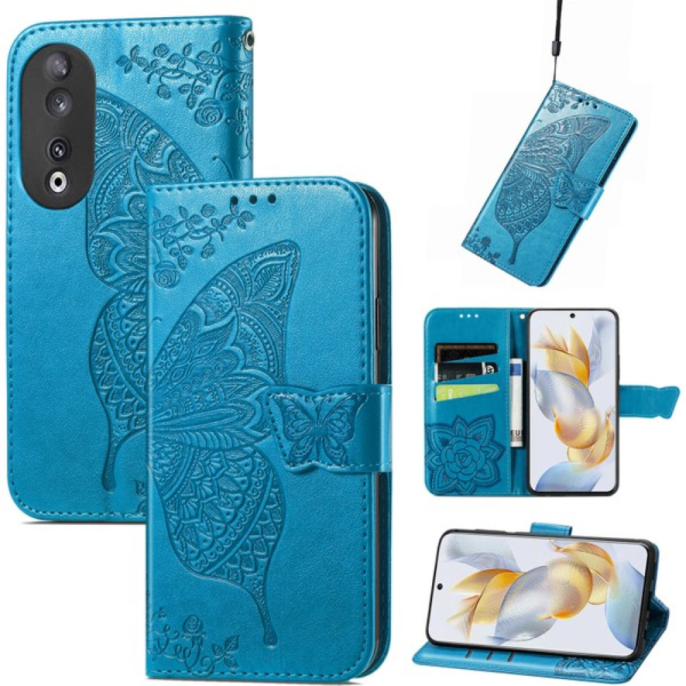 BDT Boutique Honor 90 5g Kelebek Kanatları Narin Çiçekler Flip Darbeye Dayanıklı Deri Telefon Kılıfı ile Uyumlu (Yurt Dışından) - Mavi Cep Telefonu Kılıfı Fiyatı
