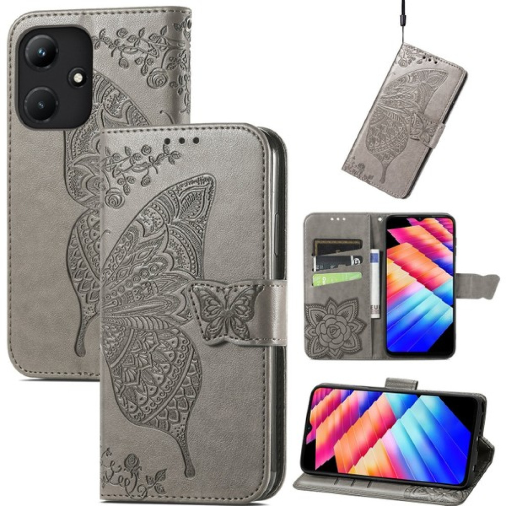 BDT Boutique Infinix Hot 30I Kelebek Kanatları Narin Çiçekler Darbeye Dayanıklı Deri Telefon Kılıfı (Yurt Dışından) - Gri Cep Telefonu Kılıfı Fiyatı