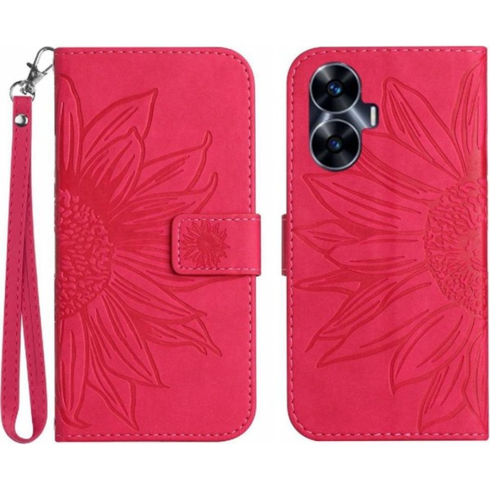 BDT Boutique Realme C55 Kısa Kayış Kabartmalı Ayçiçeği Lüks Pu Deri Flip Için Kılıf (Yurt Dışından) - Rose - Kırmızı Cep Telefonu Kılıfı Fiyatı