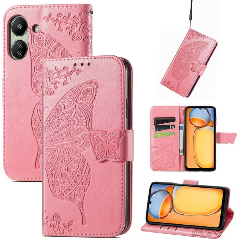 BDT Boutique Xiaomi Redmi 13C Kelebek Kanatları Narin Çiçekler Darbeye Dayanıklı Deri Telefon Kılıfı (Yurt Dışından) - Koyu Pembe Cep Telefonu Kılıfı Fiyatı