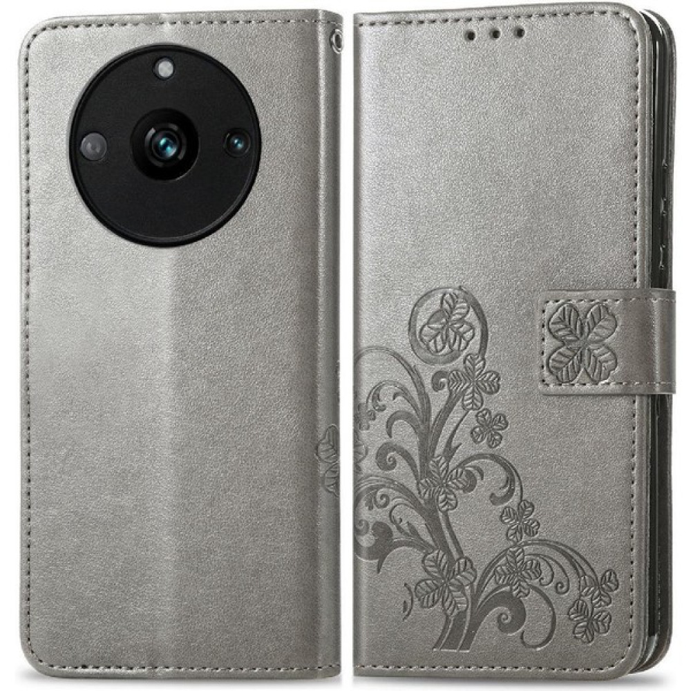 BDT Market - 9116 Realme 11 Pro Zarif Iş Dört Yapraklı Yonca Deri Kılıf (Yurt Dışından) - Gri Cep Telefonu Kılıfı Fiyatı