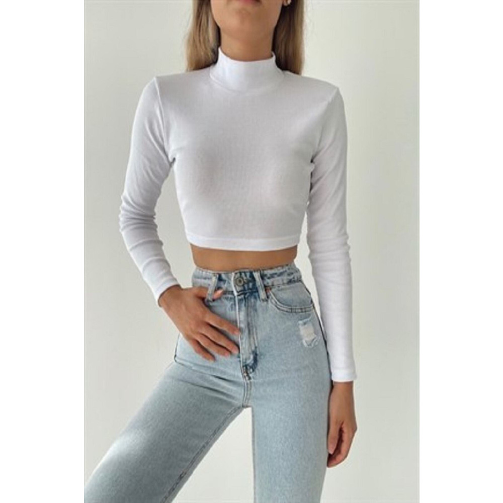 BE CHİC BEYAZ FİTİLLİ YARIM BALIKÇI YAKA CROP KAŞKORSE BLUZ S Beden Bayan Kazak & Süveter & Triko Fiyatı