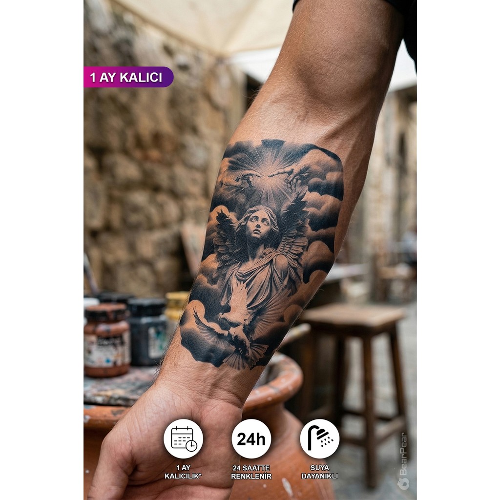 Bear & Pear 1 Ay Kalıcı 24 Saat Sonra Kararan Bulut Kuş ve Melek Dövmesi Tattoo Diğer Fiyatı