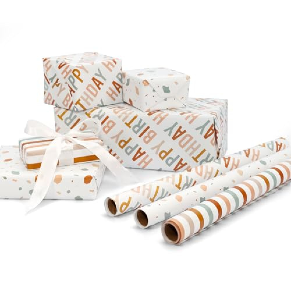 Beautiful Birthday Wrapping Paper - Set of 3 Quality Happy Birthday Paper Rolls For Medium Sized Gifts - Add a Touch of Magic to Every Gift You Wrap - 17 in x 120 in Per Roll For Boys and Girls