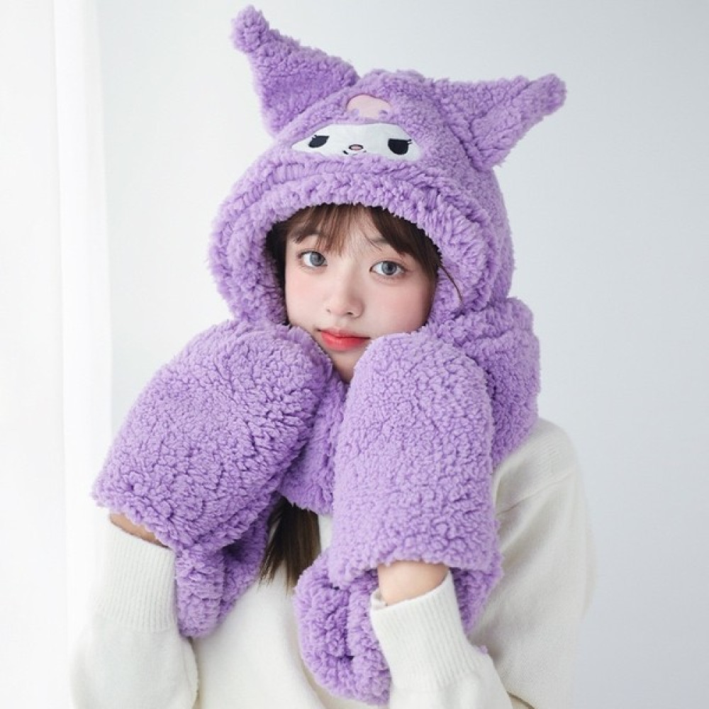 Beautifyy Sanrio Melody Kuromi Pacha Köpek Karikatür Peluş Yetişkin Pamuklu Kadife Eşarp Şapkası Üç Parçalı Set (Yurt Dışından) Eşarp Fiyatı