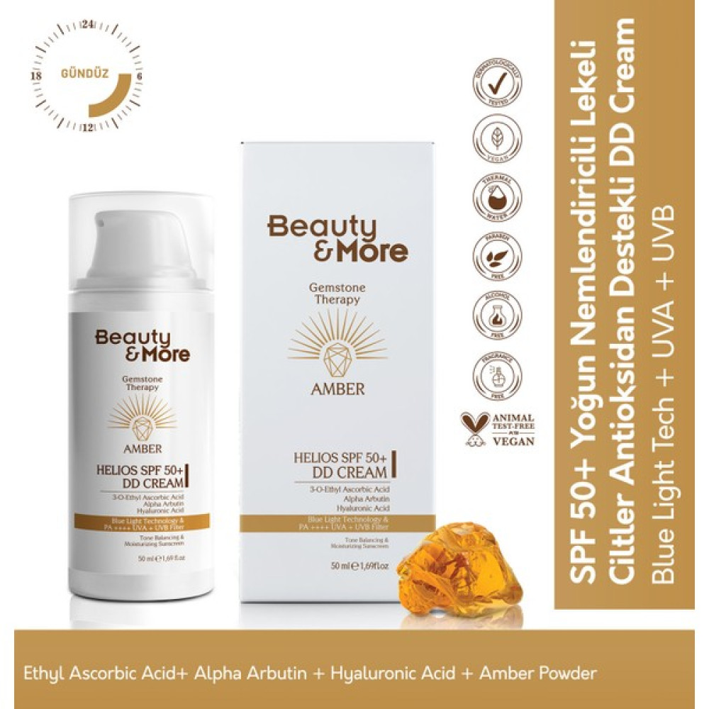 Beauty&More Amber Helios Spf 50+ DD Krem Formlu Güneş Kremi 50 ml Ethyl Ascorbic Acid+ Alpha Arbutin + Hyaluronic Acid + Amber Powder Güneş Kremleri ve Losyonları Fiyatı