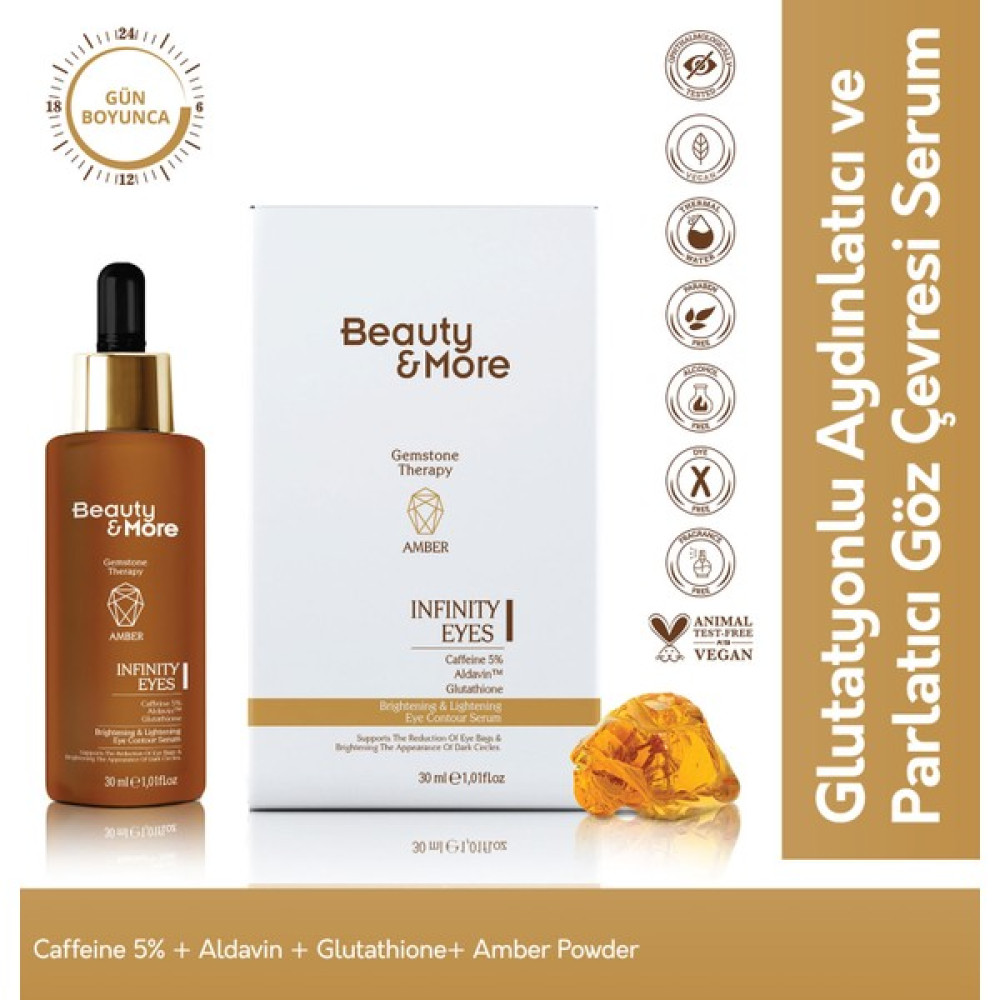 Beauty&More Amber Infinity Eyes Aydınlatıcı ve Parlatıcı Göz Çevresi Serumu 30 ml Caffeine 5% + Aldavin + Glutathione+ Amber Powder Göz Kremi Fiyatı