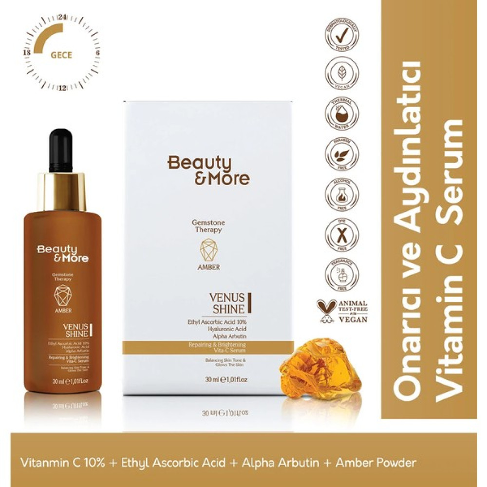 Beauty&More Amber Venüs Shine Onarıcı ve Aydınlatıcı Vitamin C Serum 30 ml Vit C 10%+ Ethyl Ascorbic Acid + Alpha Arbutin + Amber Powder Anti-Aging / Yaşlanma Karşıtı Fiyatı