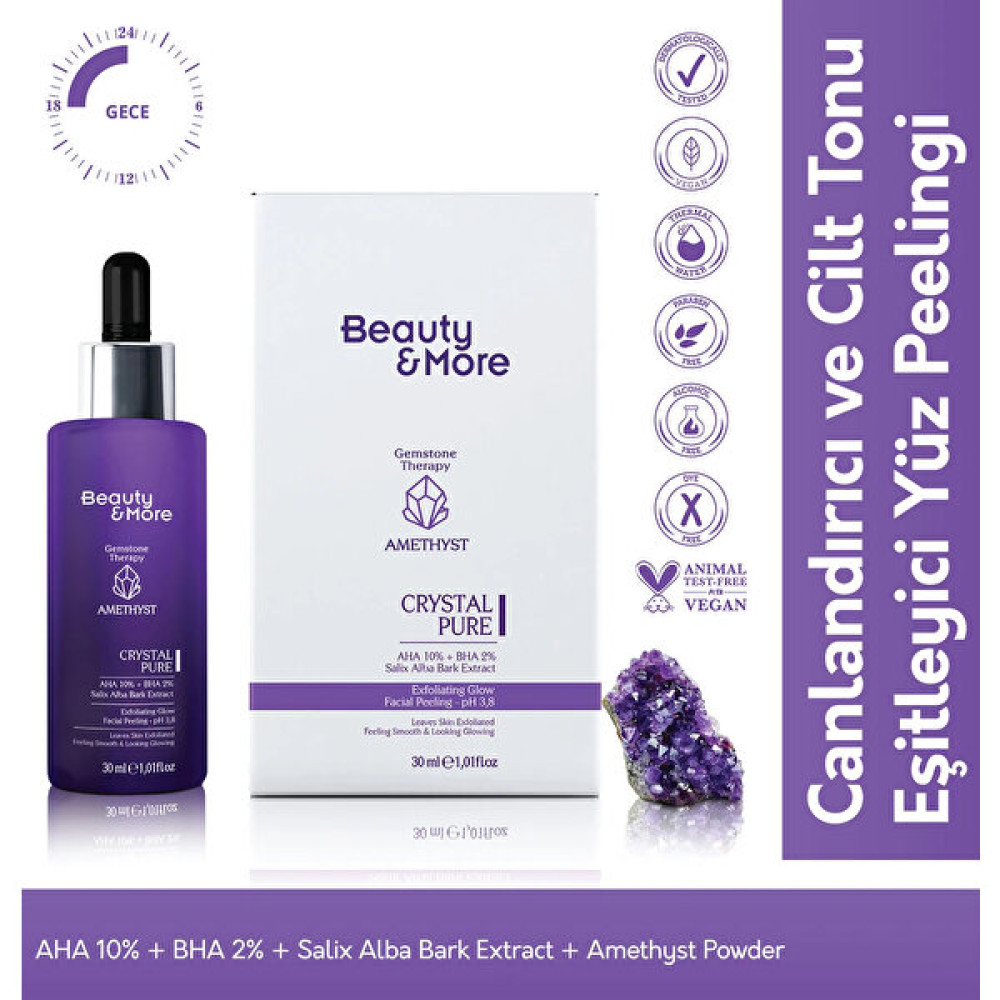 Beauty&More Ametist Crystal Pure Canlandırıcı ve Cilt Tonu Eşitleyici Yüz Peeling Serumu 30 ml AHA 10% + BHA 2%+ Salix Alba Bark Extract+ Ametist P... Cilt Temizleme ve Peeling Fiyatı
