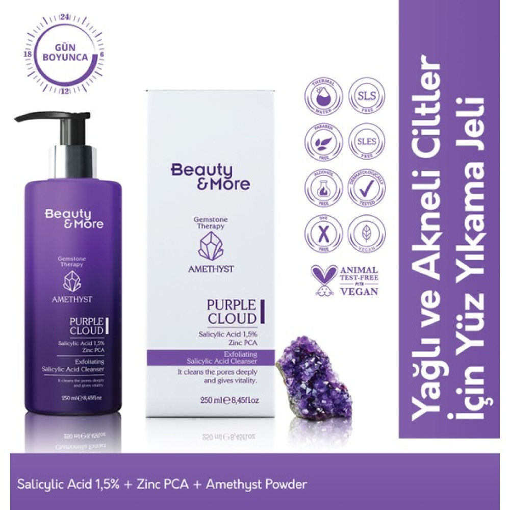 Beauty&More Ametist Purple Cloud Yağlı ve Akneli Ciltler Için Yüz Yıkama Jeli 250 ml Salicylic Acid 1,5% + Zinc PCA+ Ametist Powder Makyaj Temizleyicileri Fiyatı