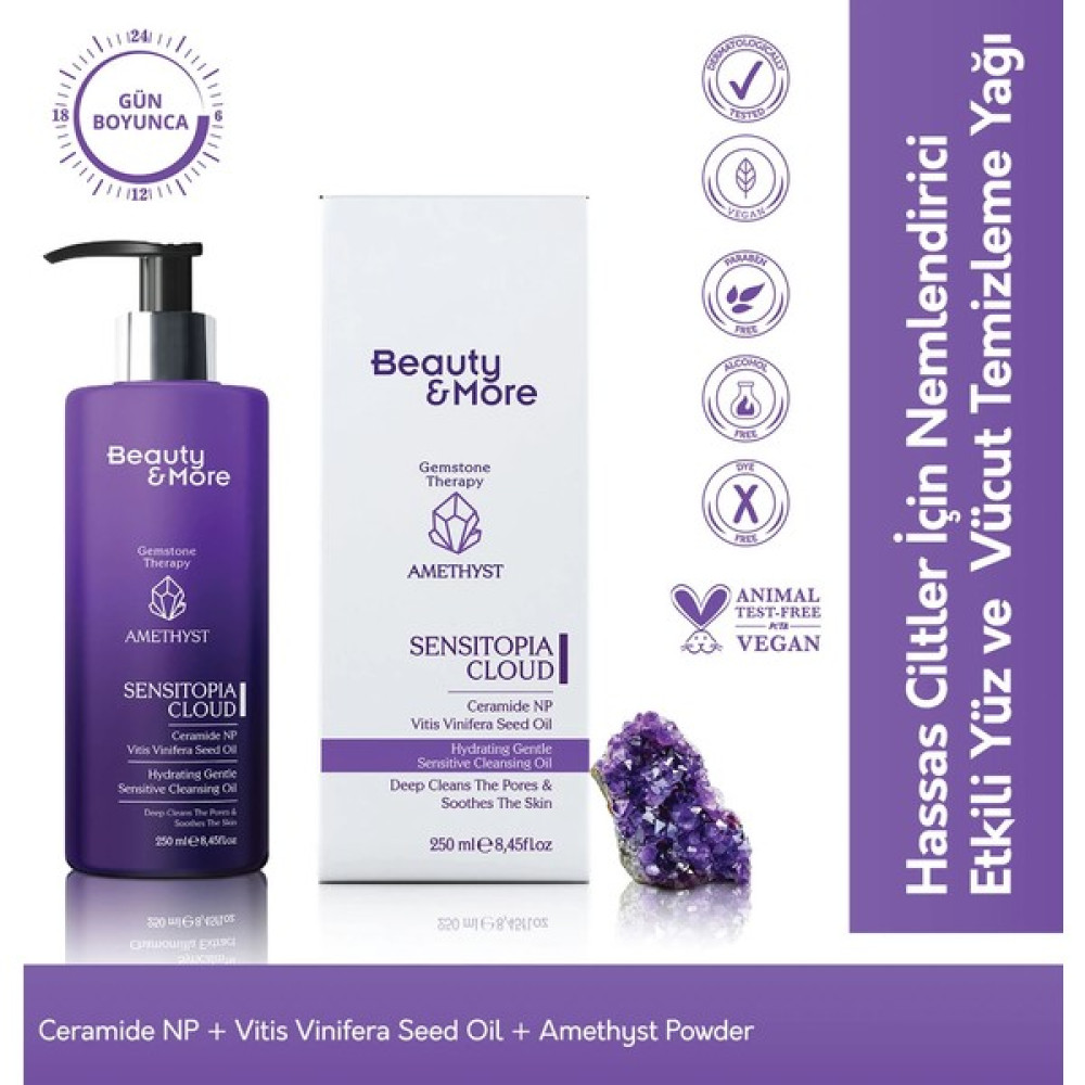 Beauty&More Ametist Purple Sensitopia Cloud Hassas Ciltler İçin Nemlendirici Etkili Yüz ve Vücut Temizleme Yağı 250 ml Ceramide NP + Vitis Vinifer... Nemlendiriciler Fiyatı