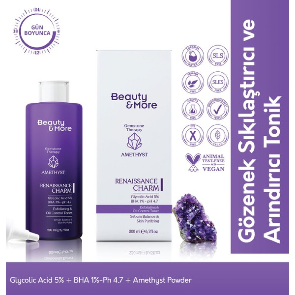 Beauty&More Ametist Renaissance Charm Gözenek Sıkılaştırıcı ve Arındırıcı Tonik 200 ml Glycolic Acid 5% + BHA 1%-Ph 4.7+ Ametist Powder Cilt Temizleme ve Peeling Fiyatı