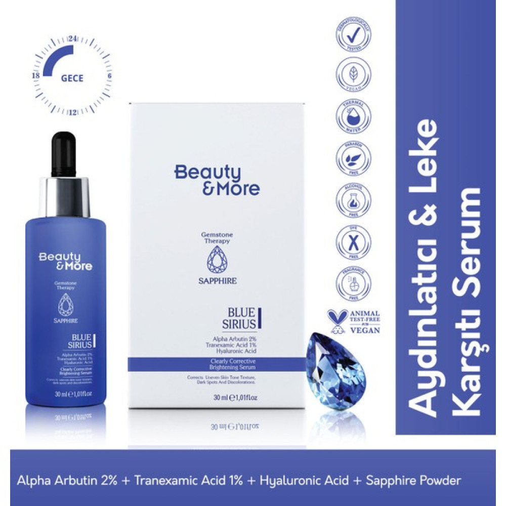 Beauty&More Safir Blue Sirius Aydınlatıcı & Leke Karşıtı Serum 30 ml Alpha Arbutin 2% + Tranexamic Acid 1% + Hyaluronic Acid + Safir Powder Anti-Aging / Yaşlanma Karşıtı Fiyatı