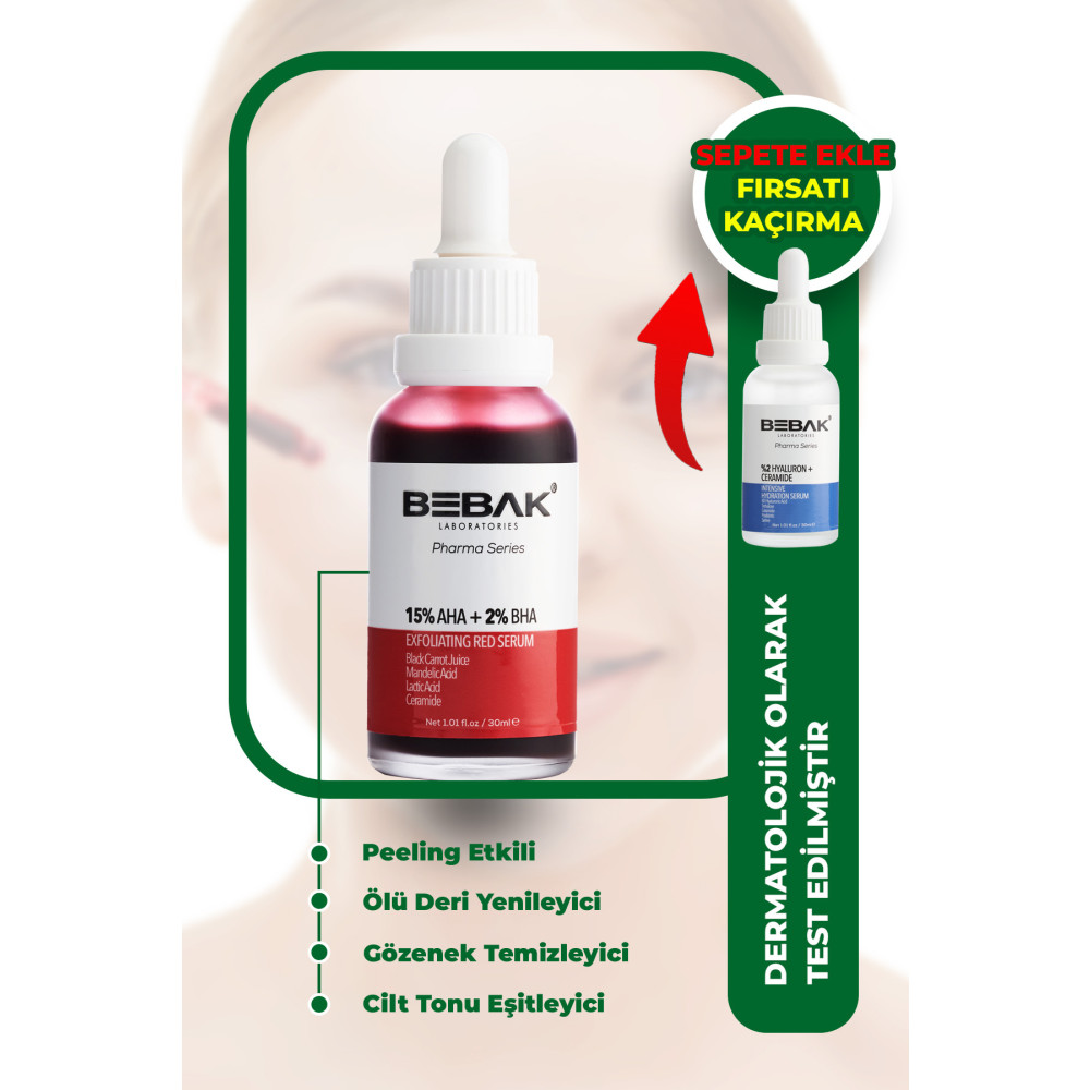 Bebak Pharma %15 AHA+%2 BHA Cilt Tonu Eşitleyici Kırmızı Peeling Serum Exfoliating Red Serum 30ml Cilt ve Yüz Bakımı Fiyatı