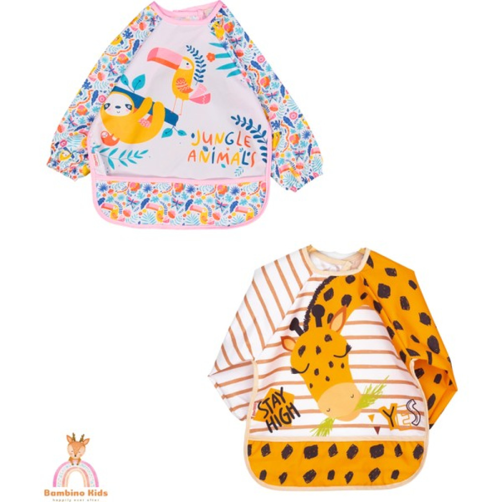Bebechi Uzun Kollu Mama Önlüğü 2'li Set (6-24 Ay) Jungle-Zürafa - Pembe - Hardal - 6 - 24 Ay Mama Önlüğü Fiyatı