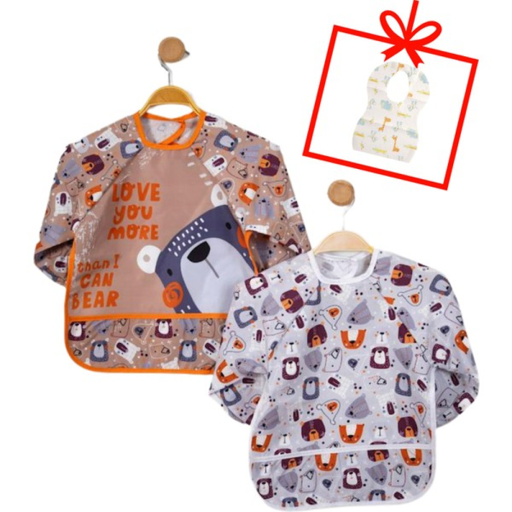 Bebechi Uzun Kollu Mama Önlük 2'li Set (6-24 Ay) Ayıcık Desen (+1 Adet Kullan-At Önlük Hediye!) - Gri - Beyaz - 6 - 24 Ay Mama Önlüğü Fiyatı