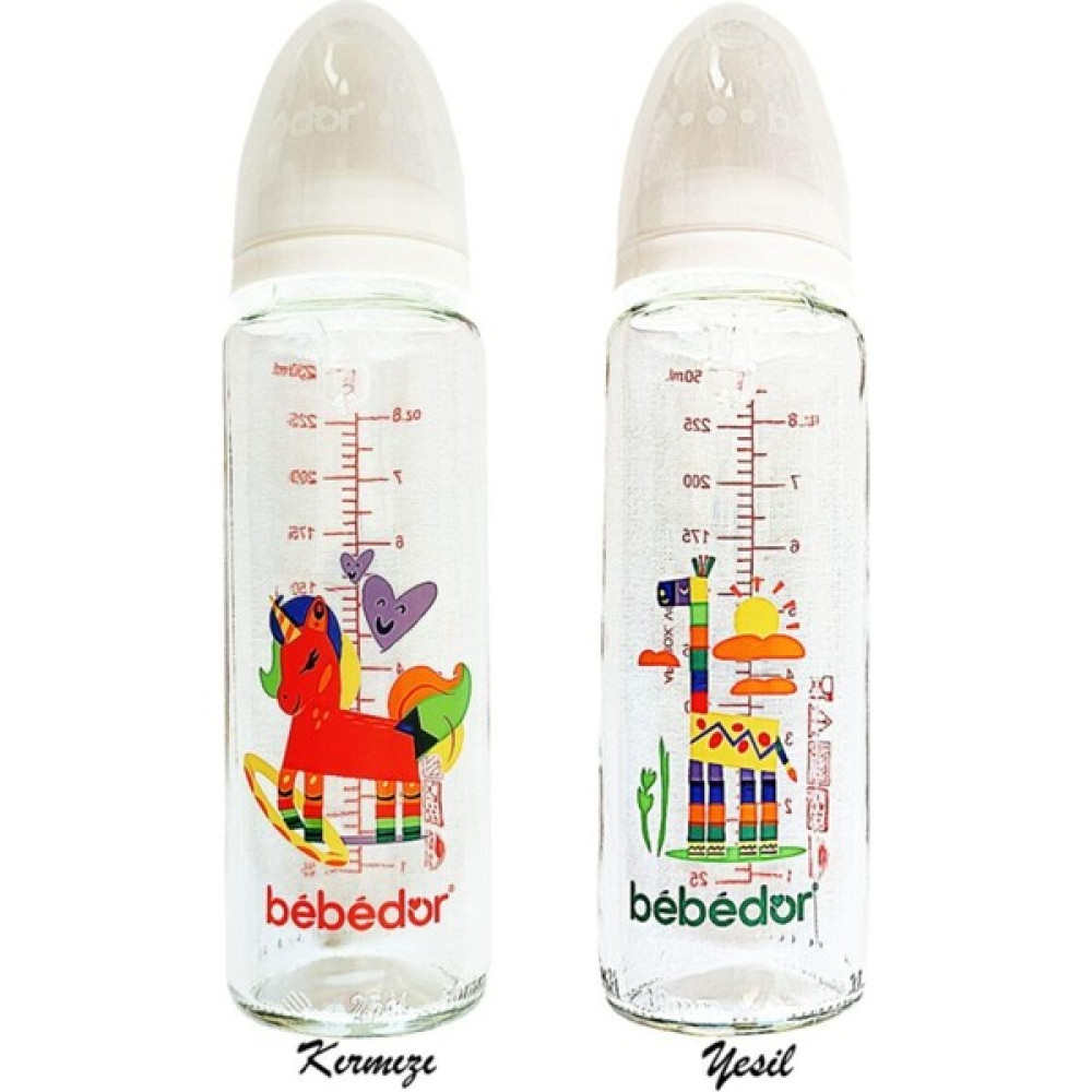 Bebedor Desenli Cam Biberon - 250ML - Silikon Emzikli - Orta Akış Yeşil - Mineral Blue - 0 - 3 Ay Emzik Fiyatı
