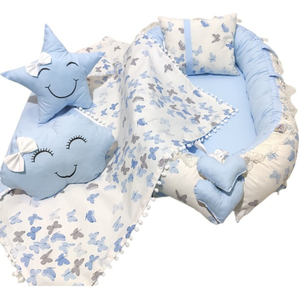 Bebek Atölyesi Babynest, 5 Parça Set Gri Mavi Kelebek Desen - Açık Mavi - Kahverengi Ana Kucağı Fiyatı