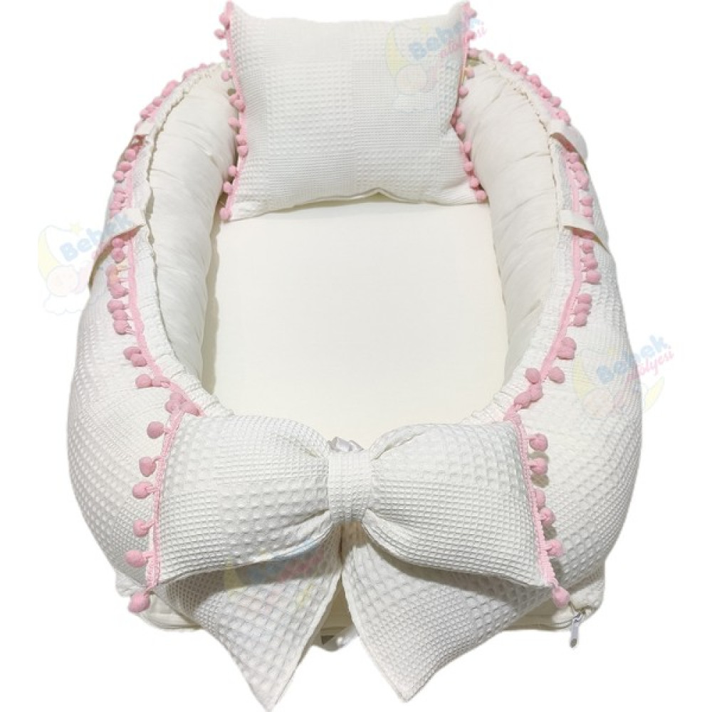 Bebek Atölyesi Babynest Petek Pike Kumaş Krem Renk Pembe Ponponlu - Pudra Ana Kucağı Fiyatı