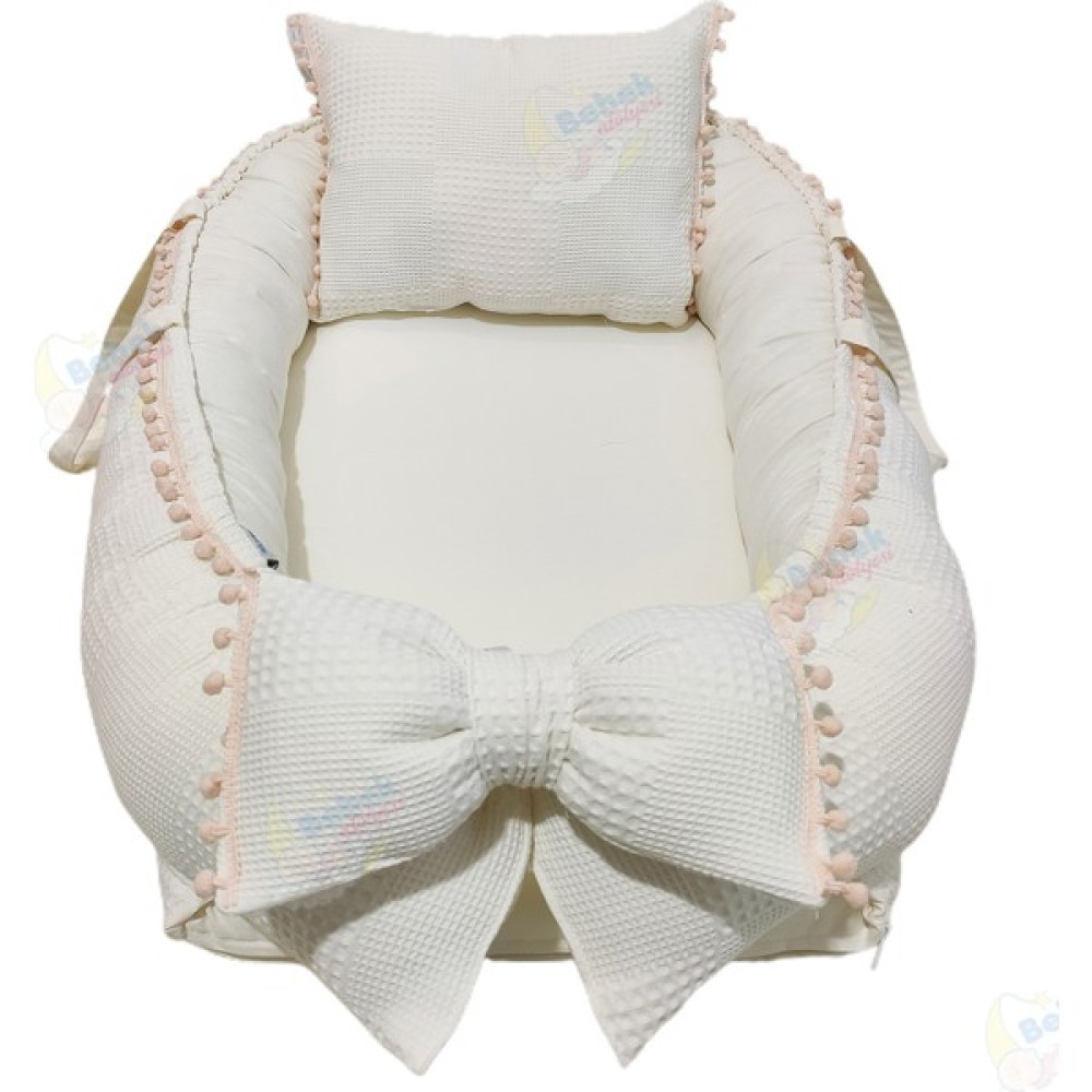 Bebek Atölyesi Babynest Petek Pike Kumaş Krem Renk Pudra Ponponlu - Beyaz Ana Kucağı Fiyatı