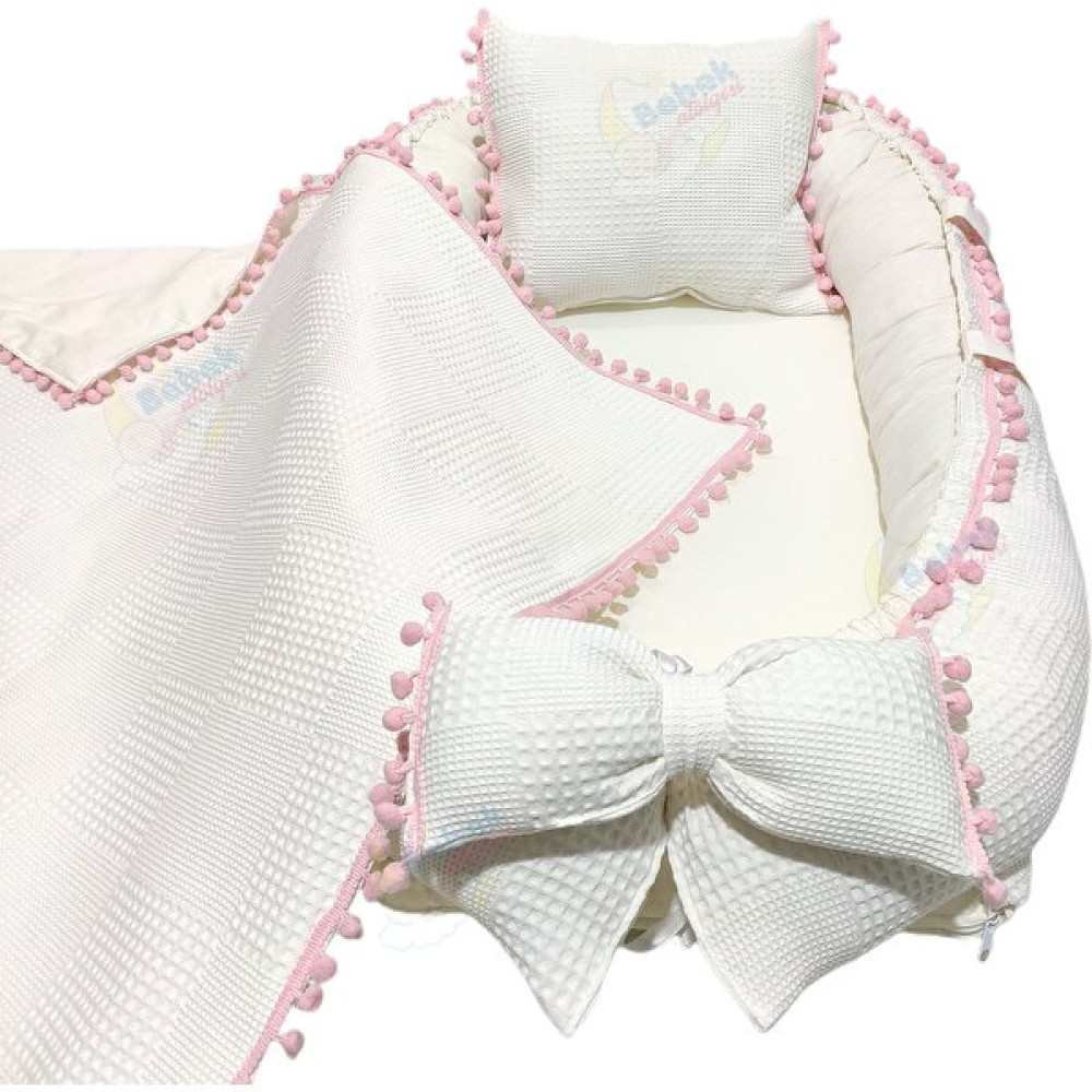 Bebek Atölyesi Babynest ve Battaniye Petek Kumaş Krem Pembe Ponpon - Pudra Ana Kucağı Fiyatı